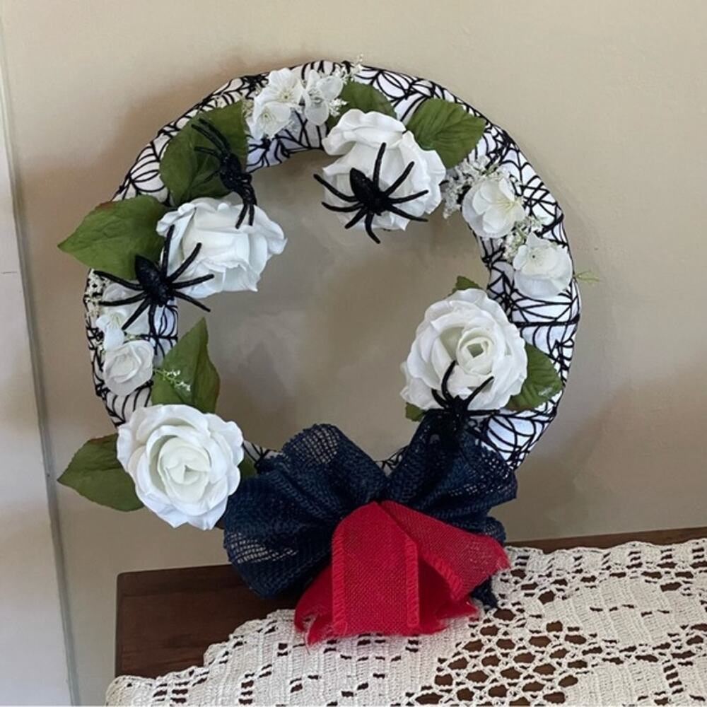 Halloween Spider Wreath White Roses Black Bow 11"